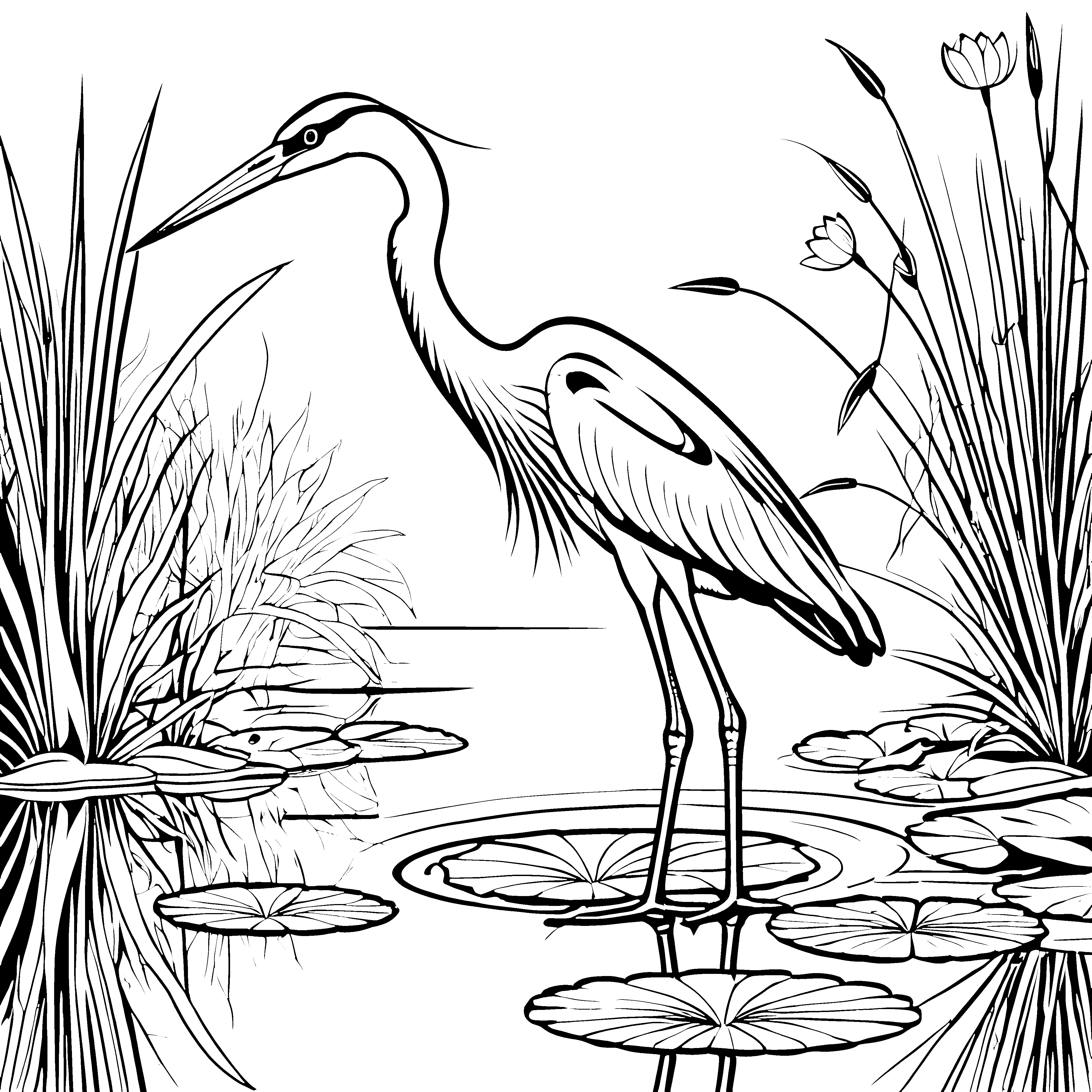Stilvoller Reiher am schimmernden Teich Ausmalbild für neugierige Entdecker