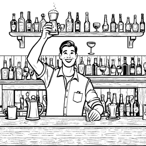 Fröhlicher Barkeeper serviert spritzige Getränke Ausmalmotiv für neugierige Genussabenteurer