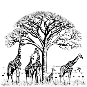 Verspielte Giraffen unter dem großen Akazienbaum Malvorlage für kleine Tierfreunde