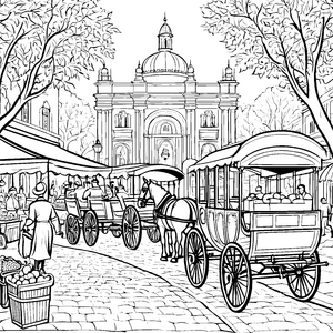 Prachtvolle Kutschen im lebhaften Marktplatz Ausmalmotiv für kreative Stadtentdecker