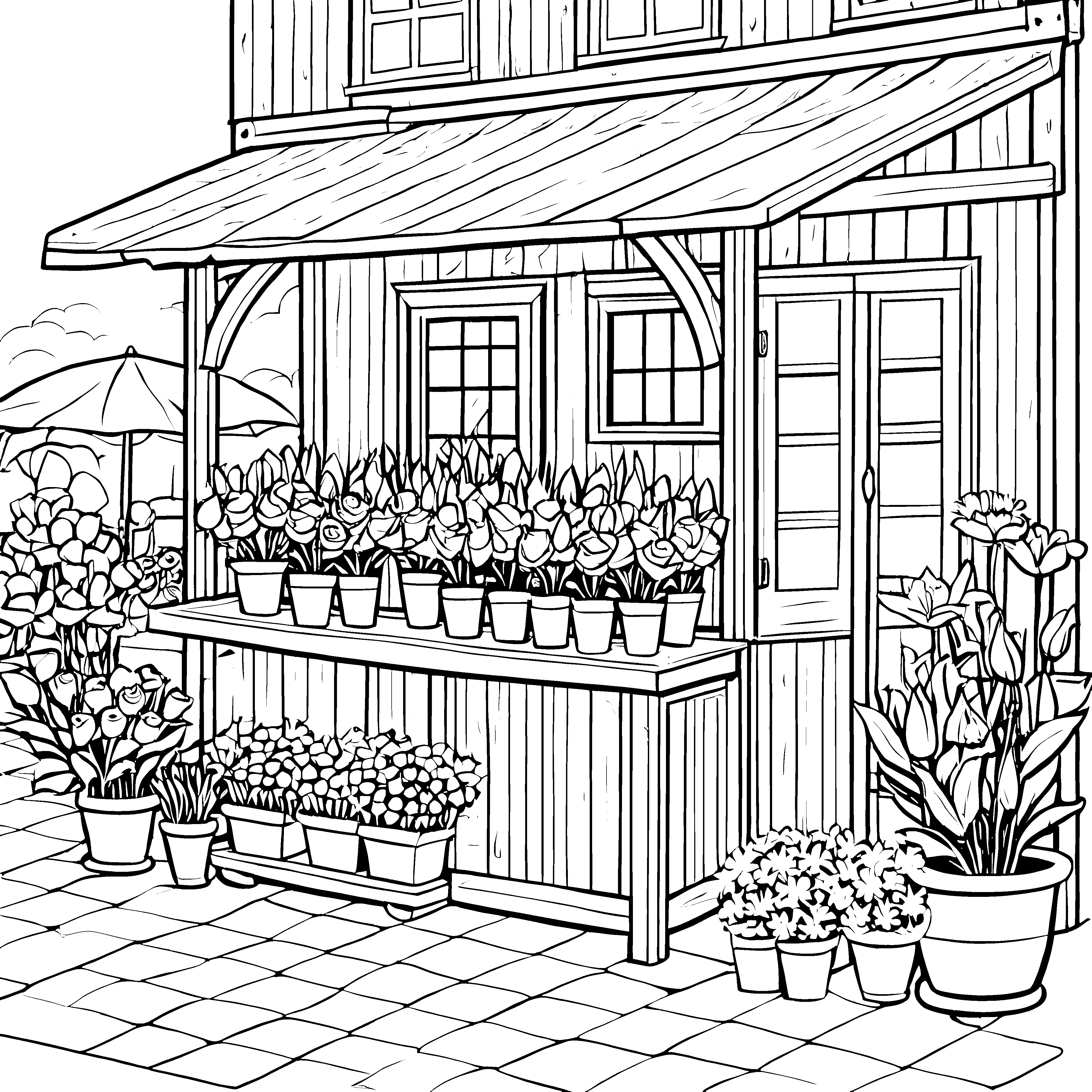 Blühender Blumenstand mit bunten Pflanzen Ausmalmotiv für kleine Gartenfreunde