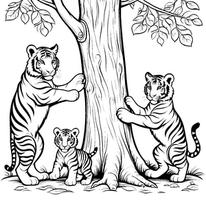 Entzückende Tigerbabys beim Spielen am Baum Ausmalmotiv für kleine Entdeckerkräfte