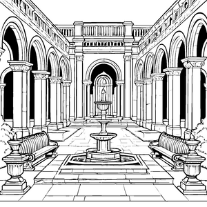Harmonischer Innenhof mit elegantem Brunnen Ausmalbild für kreative Forscher