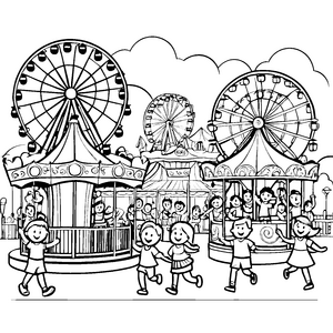 Fröhliche Kinder auf dem Kirmeskarussell Ausmalbild für kleine Festgenießer