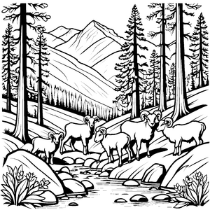 Wilde Widderschar an sprudelndem Bach Ausmalbild für neugierige Tierforscher