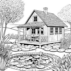 Charmantes Gartenhaus neben dem blühenden Teich Ausmalmotiv für kreative Abenteurer