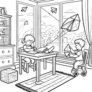 Kreative Kinder im Traumzimmer mit Flugzeug-Modellen Malvorlage für fantasievolle Entdecker