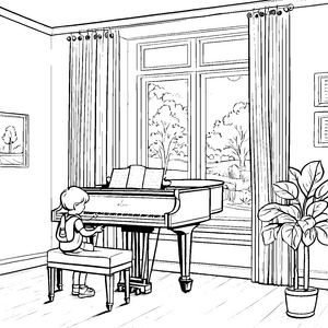 Begeistertes Kind am strahlenden Klavier Ausmalmotiv für junge Musikentdecker