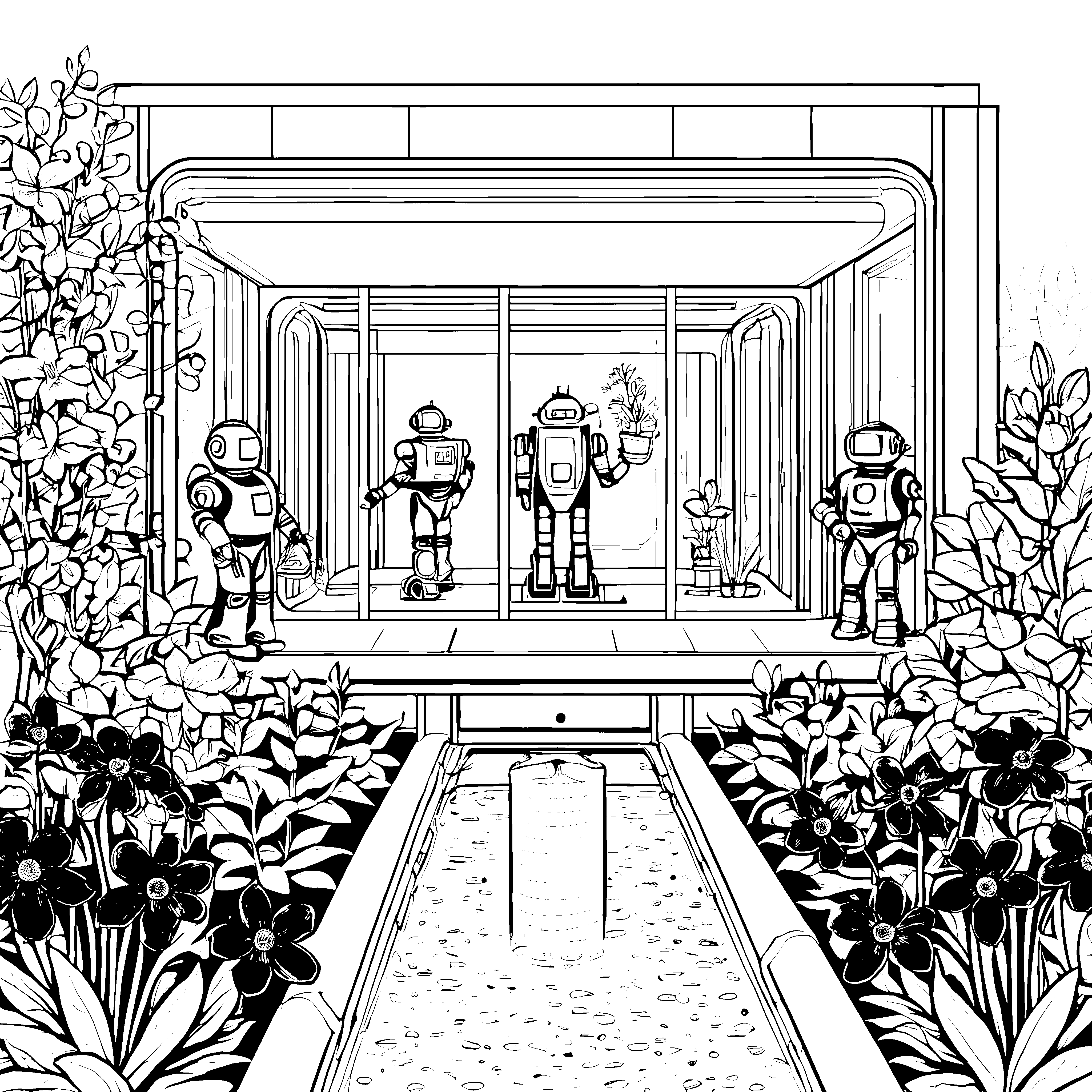 Witzige Roboter bei der Gartenpflege Malvorlage für kleine Erfinder