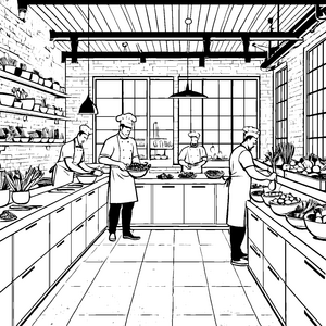 Fünf engagierte Köche bei der kreativen Zubereitung Ausmalbild für kleine Gourmet-Entdecker