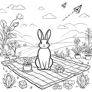 Kuscheliges Kaninchen auf bunter Picknickdecke Ausmalmotiv für fröhliche Naturfreunde