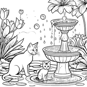 Katzenmama mit neugierigem Kätzchen am sprudelnden Brunnen Ausmalvorlage für kleine Tierentdecker