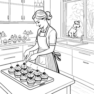 Leckere Cupcakes mit fröhlicher Deko Ausmalbild für kleine Backfreunde