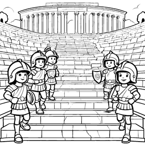 Heldenhafte Gladiatoren auf der Arena-Treppe Ausmalvorlage für tapfere Entdecker