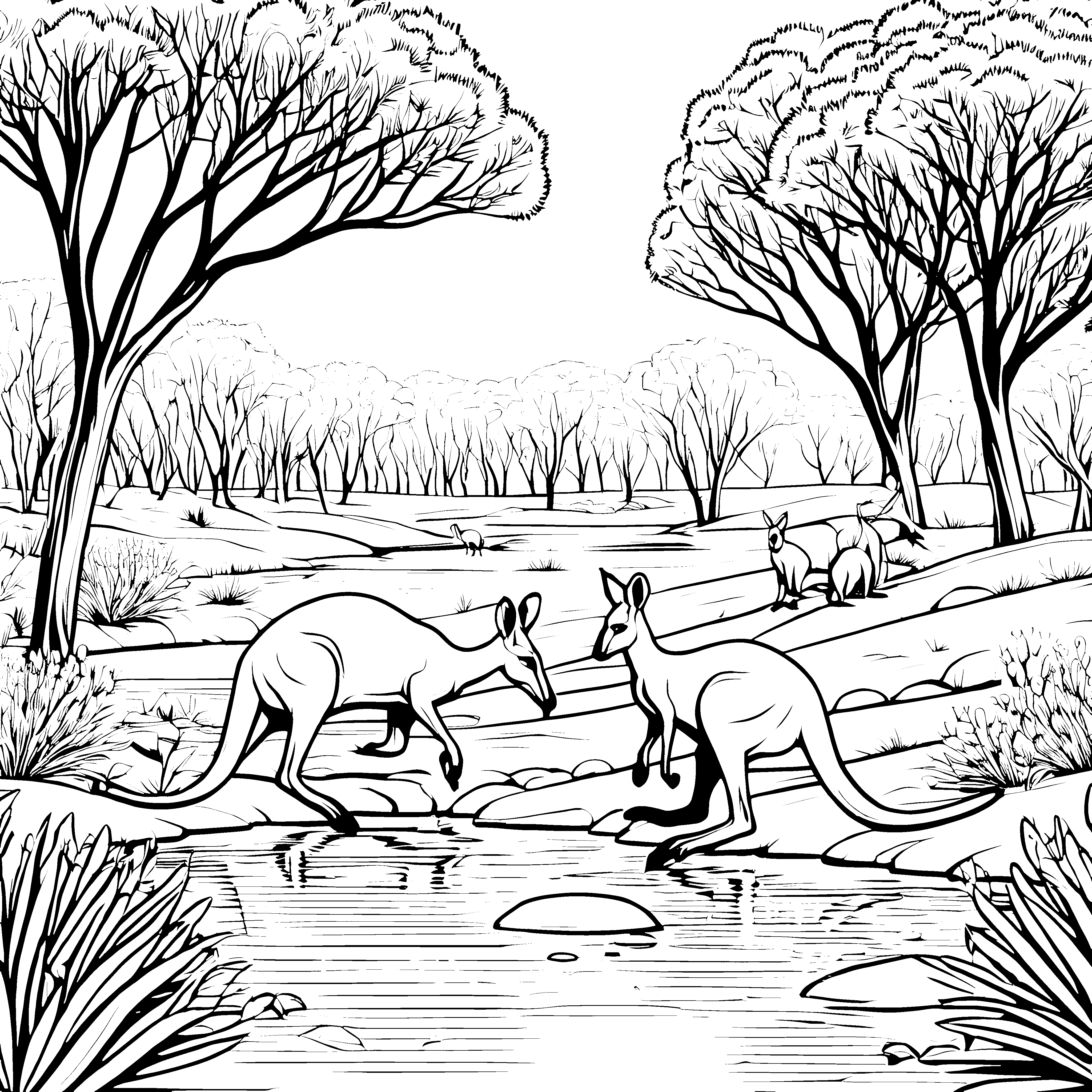 Frohe Kängurus beim Wasserspiel Ausmalbild für abenteuerliche Tierfreunde