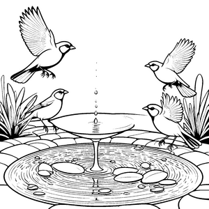 Spritzende Vögel am glitzernden Wasserspiel Ausmalmotiv für verspielte Naturfreunde