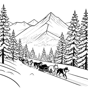 Starke Schlittenhunde ziehen den Schnee über die Berge Malvorlage für abenteuerlustige Entdecker
