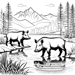 Wildschweine im klaren Wasser mit Bergkulisse Ausmalbild für abenteuerliche Naturentdecker