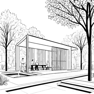 Modernes Architektenbüro im belebten Garten Ausmalvorlage für kreative Baukünstler