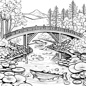 Spritzige Lachse im glitzernden Fluss Malvorlage für kleine Naturforscher