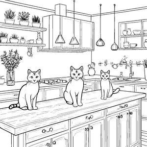 Katzenmama mit zwei neugierigen Kitten im fröhlichen Zuhause Ausmalvorlage für chaotische Tierliebhaber