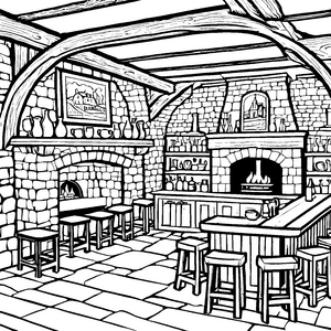 Gemütliche Taverne mit prasselndem Feuer Ausmalbild für fantasievolle Künstler