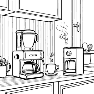 Bezaubernde Kaffeemaschinen in heller Küchenecke Ausmalvorlage für kleine Genussentdecker