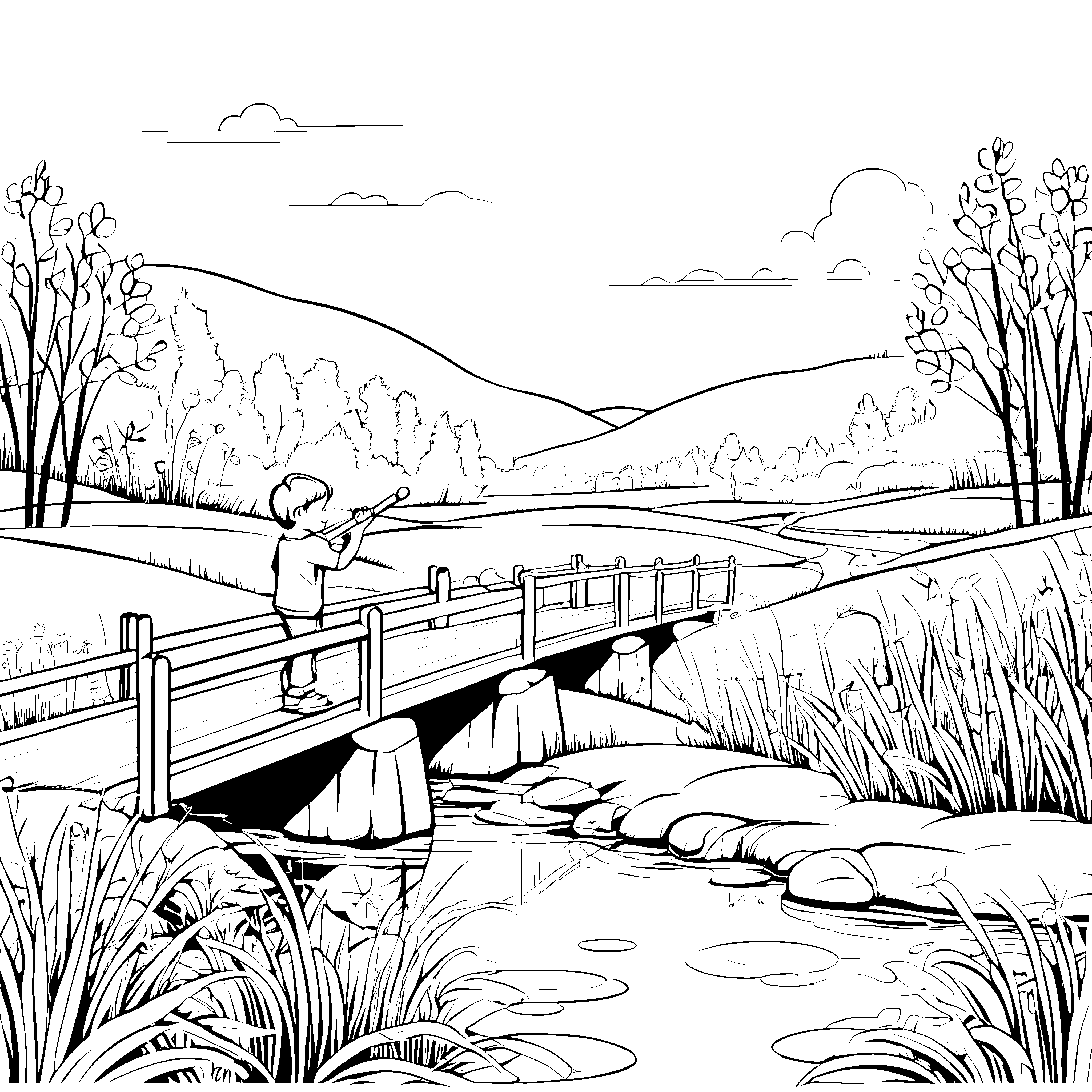 Musizierendes Kind auf malerischer Brücke Ausmalvorlage für kleine Musikfreunde