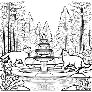Verspielte norwegische Waldkatzen am sprudelnden Brunnen Ausmalvorlage für fantasievolle Künstler