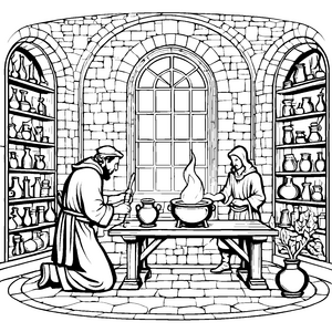 Magische Alchemisten bei geheimnisvollem Experiment Ausmalbild für junge Forscher