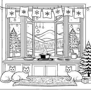Bezaubernde Katzen am Weihnachtsfenster Ausmalvorlage für kuschelige Entdecker