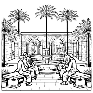 Philosophische Diskussion im blühenden Garten Ausmalmotiv für kreative Gedankenakrobaten