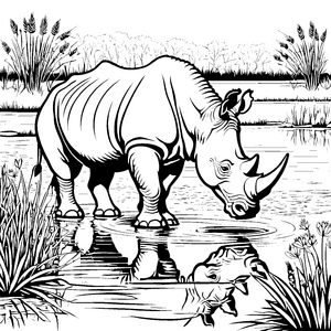 Majestätisches Nashorn am glitzernden Wasser Ausmalbild für kleine Naturforscher