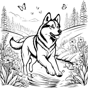 Lebhafter Husky beim Spielen im bunten Blumenfeld Ausmalmotiv für spielerische Naturentdecker