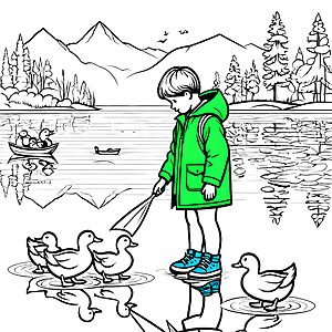 Spaßiger Junge füttert fröhliche Enten am See Ausmalvorlage für tierliebe Entdecker