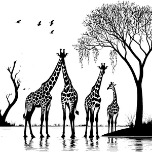Bezaubernde Giraffen am ruhigen Wasser Ausmalbild für kleine Naturfreunde