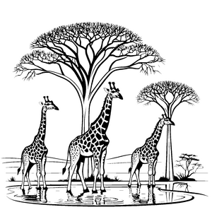 Majestätische Giraffen am ruhigen Wasser Ausmalbild für neugierige Tierfreunde