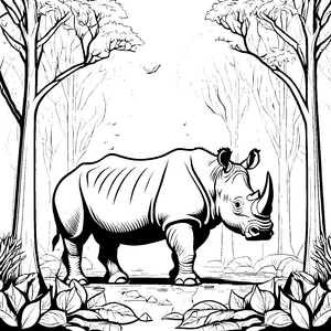 Majestätisches Nashorn im geheimnisvollen Wald Ausmalbild für fantasievolle Tierforscher