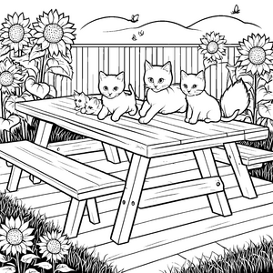 Katzenfamilie beim gemütlichen Picknick Malvorlage für kreative Tierfreunde