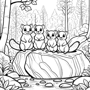 Verspielte Flughörnchen-Babys auf großer Steinplatte Ausmalvorlage für kleine Naturfreunde