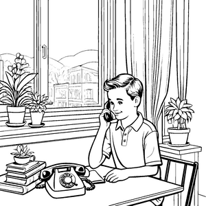 Bezauberndes Festnetztelefon mit fröhlichem Kind Ausmalmotiv für junge Telefonabenteurer