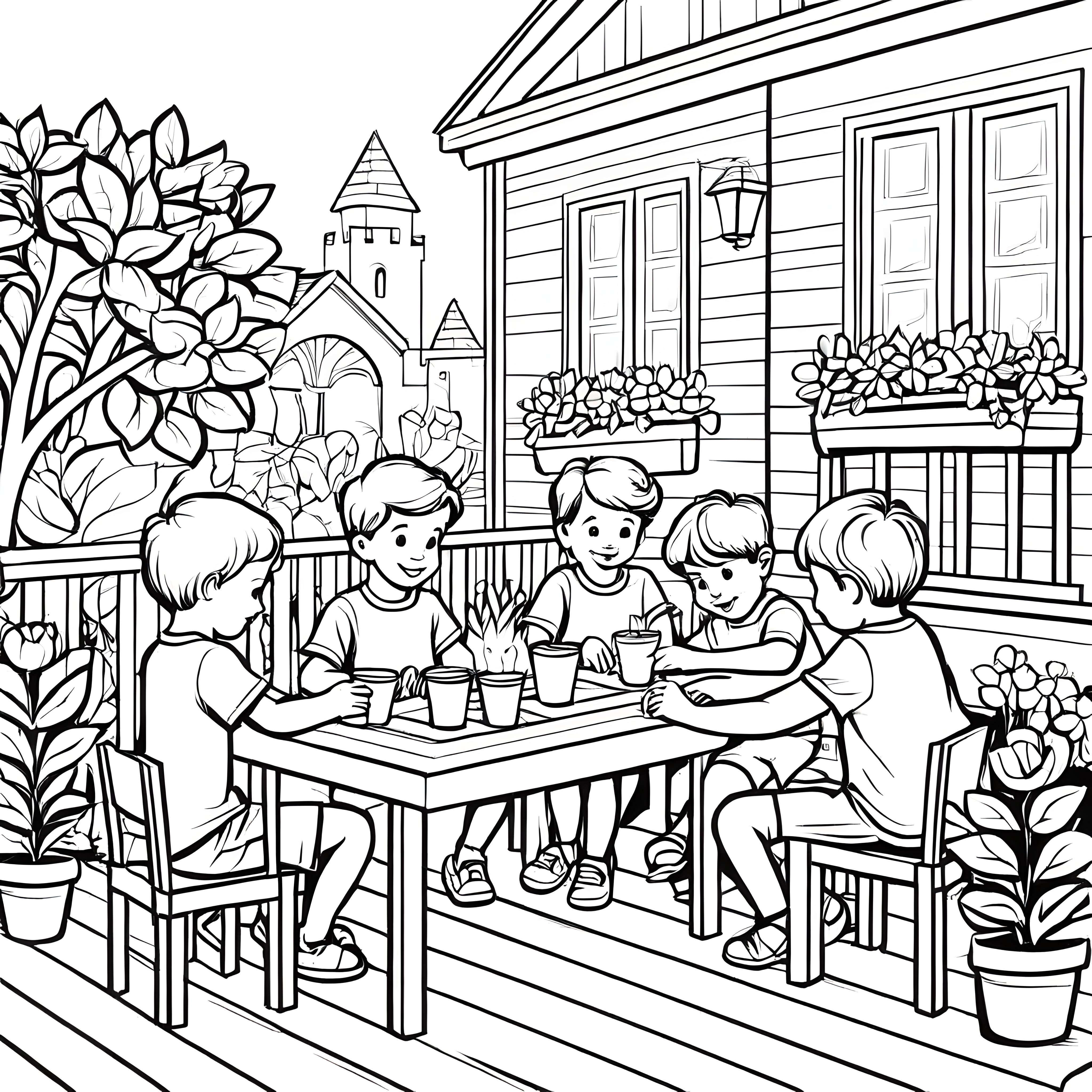 Fröhliche Kinder beim Spielen am Balkontisch Ausmalvorlage für kleine Entdecker