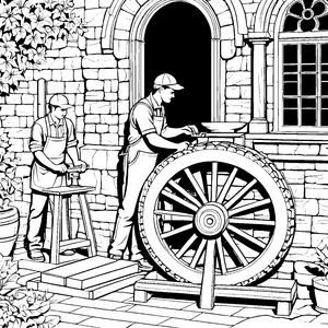 Handwerkliche Radmacher bei der Arbeit Ausmalbild für kreative Erfindergeister