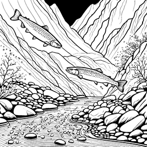 Spritzige Lachse in sprudelndem Fluss Ausmalvorlage für kleine Naturforscher