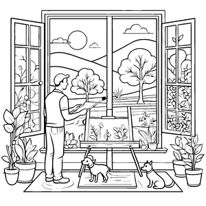 Kreativer Maler am Fenster mit fröhlichen Tieren Ausmalvorlage für fantasievolle Künstler