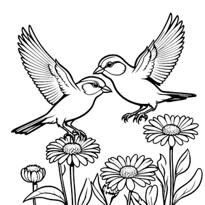 Fröhliche Vögel im Blumenmeer Ausmalbild für neugierige Naturentdecker