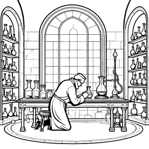Geheimnisvoller Alchemist bei der Zaubertrankherstellung Ausmalbild für neugierige Magier