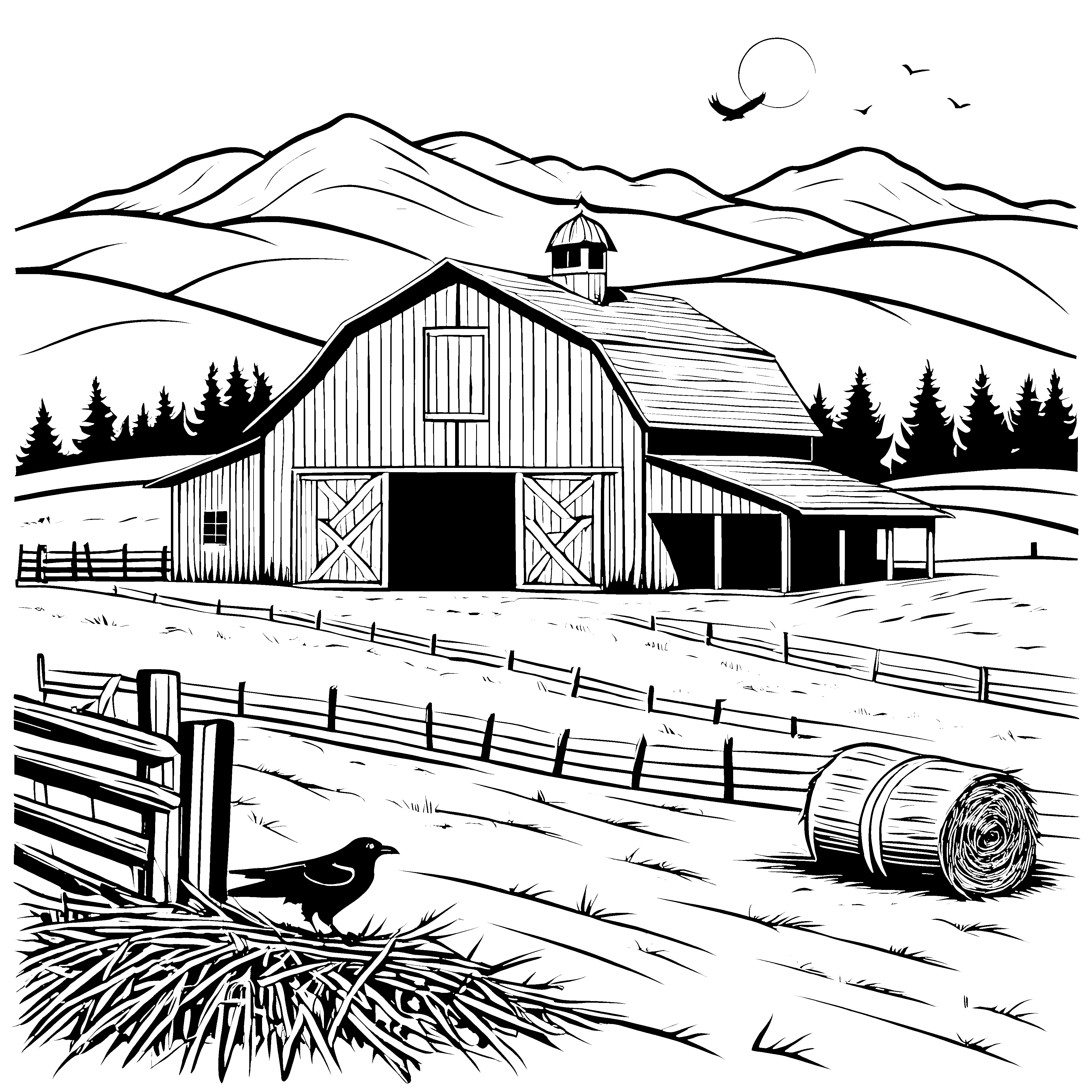 Kluge Rabe auf der Farm Ausmalbild für pfiffige Tierfreunde