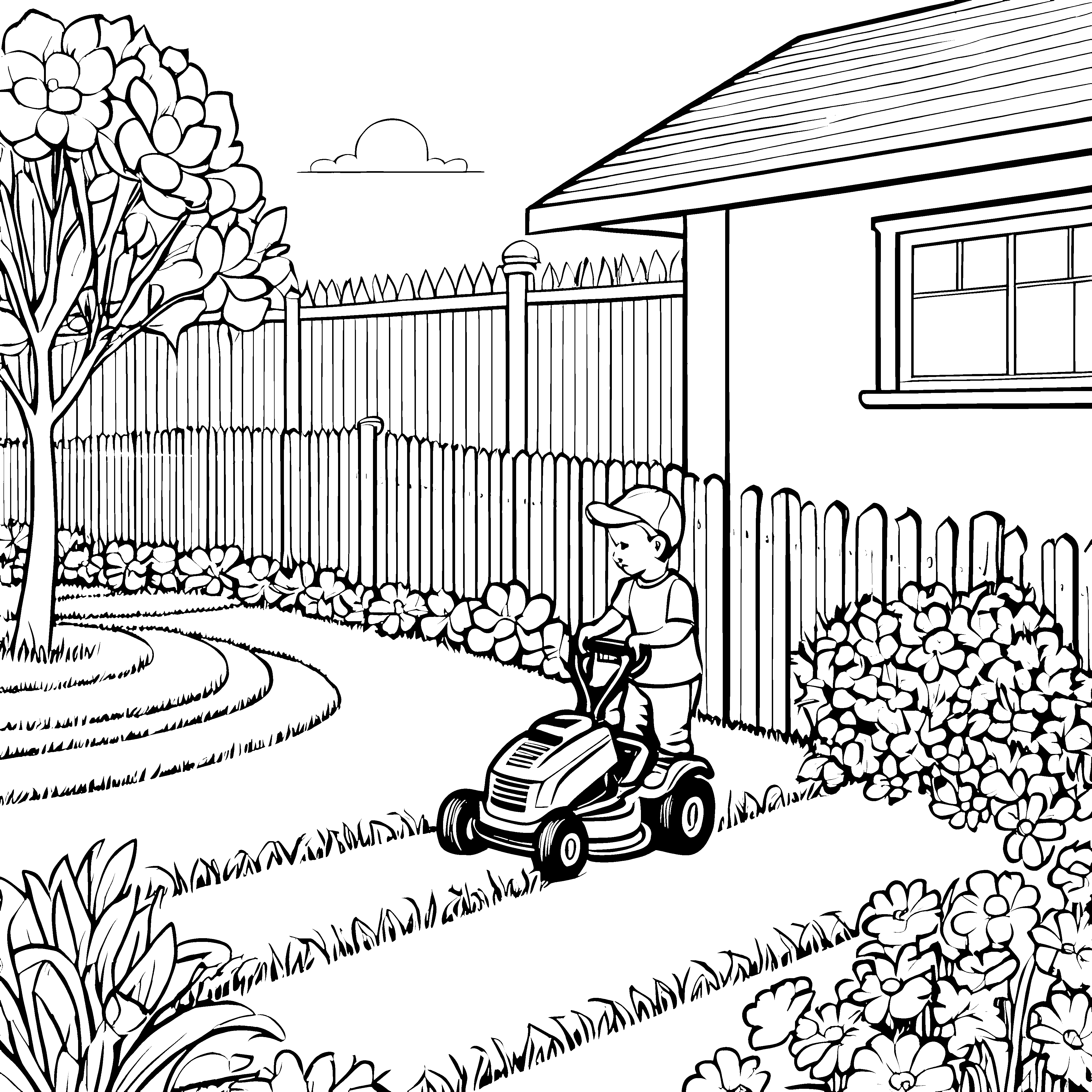 Grüner Rasenmäher mit fröhlichem Jungen Ausmalbild für kleine Gartenfreunde