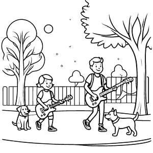 Begeisterte Kinder mit Gitarren im Park Ausmalmotiv für kreative Melodienliebhaber
